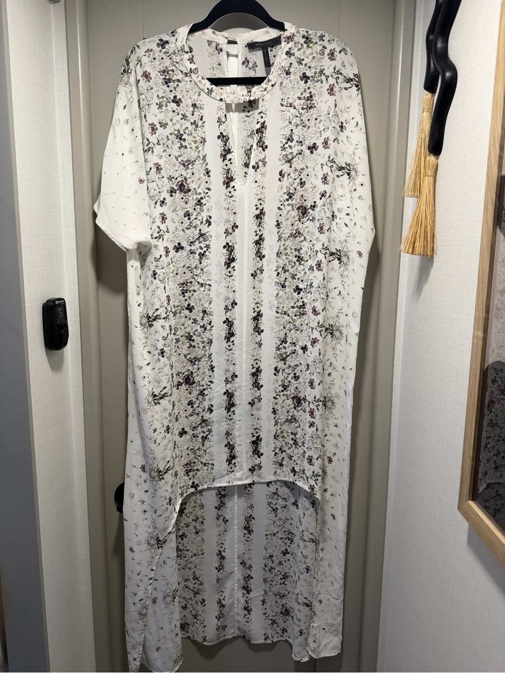BCBGMaxAzria White Floral High-Low Dress with Purple & Green Print
